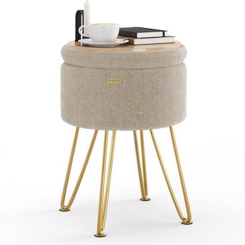 StorageBud Round Ottoman with Storage, Boucle Foot Stool, Vanity & Makeup Stool - Picture 9 of 18