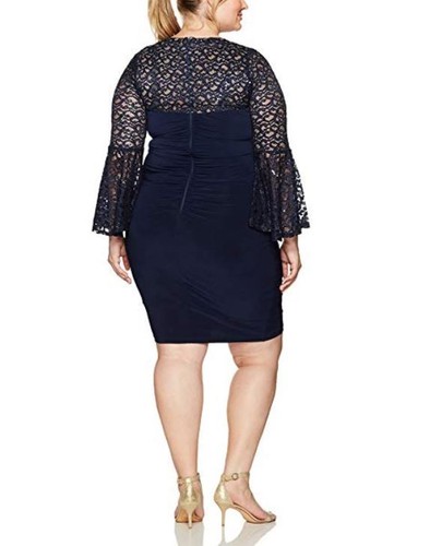 Xscape Navy Blue Lace Bell Sleeve Sheath Dress Plus Size 16W - Picture 2 of 2