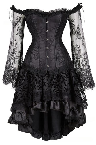 Retro viktorianisches Kostüm Langarm Korsett Top Rock Set Bustier baskisch Taillenkette - Bild 22 von 56