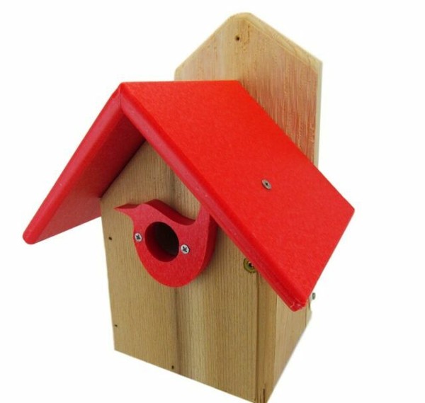 Post Mount Cedar Wren House W/ Red Poly Roof & Birdhouse Predator Guard