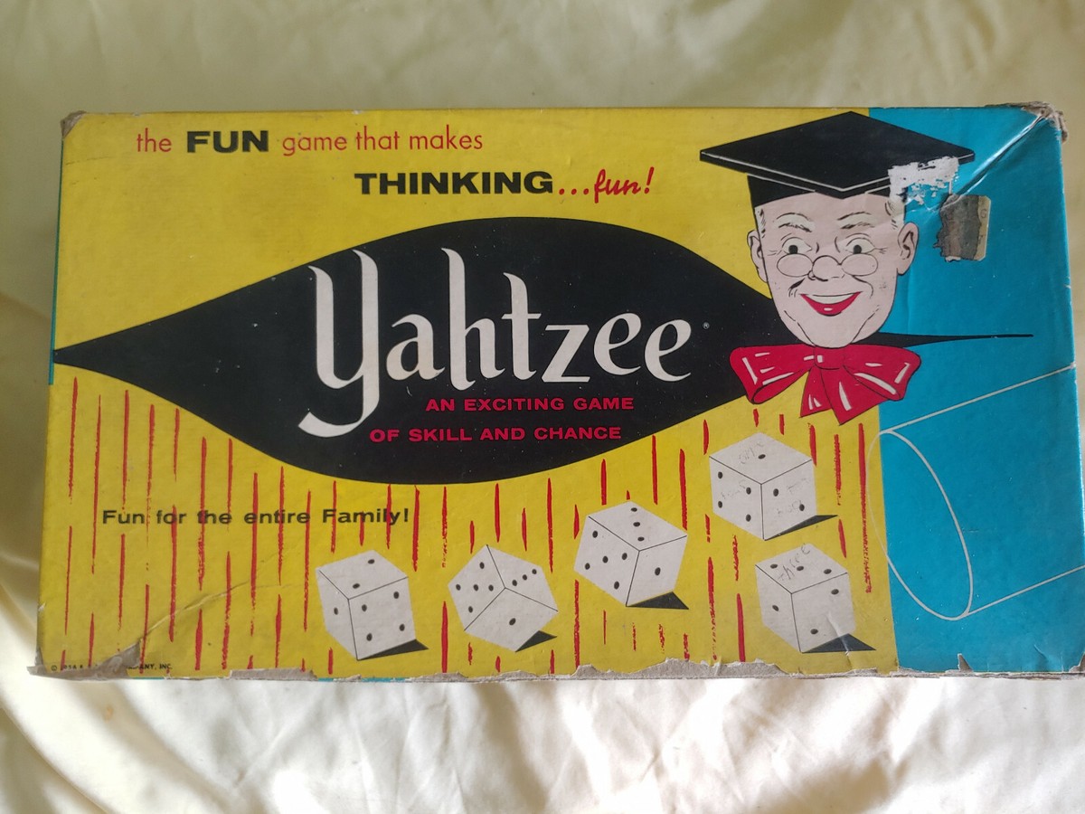 Vintage 1956 Classic Yahtzee Dice Game Big Yellow & Blue Box