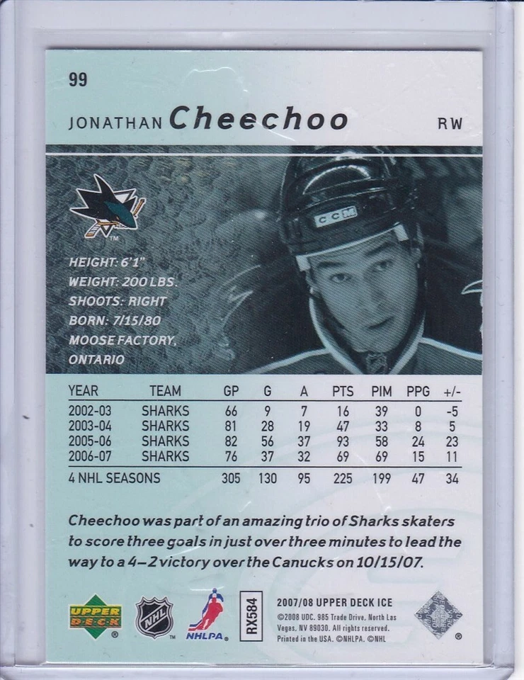 Jonathan Cheechoo 2007 Upper Deck Ice Hockey Card 99 Grade MT - Image 2 of 2