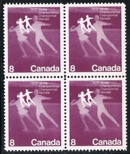 1972 CANADA WORLD FIGURE SKATING CHAMPIONSHIPS 8¢ STAMP BLOCK, MNH, Scott #559