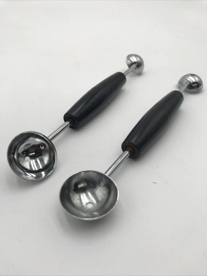 2 bolas de melón EKCO de colección mango negro cabezas dobles 3/4" 1 1/4" cucharada de bola EE. UU. Foto 4 de 4