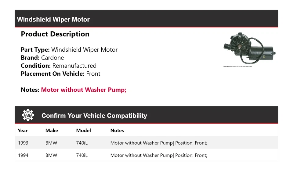 Двигатель стеклоочистителя переднего стекла для 1993-1994 BMW 740iL Cardone - Изображение 2 из 4