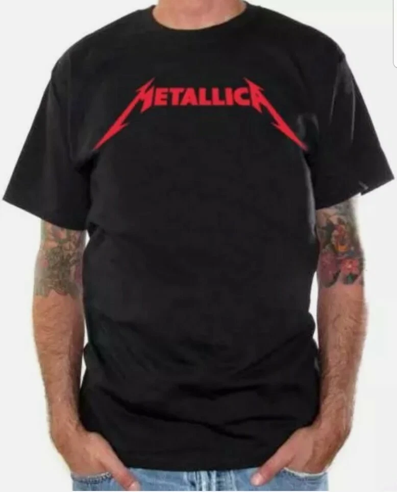Men s Metallica Black with Red Logo Licensed Band Tee Shirt Large