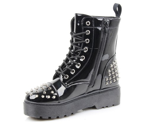 WOMEN SPIKES PUNK GOTH BIKER CHUNKY PLATFORM STUDDED CHELSEA ANKLE BOOTS - Picture 15 of 16