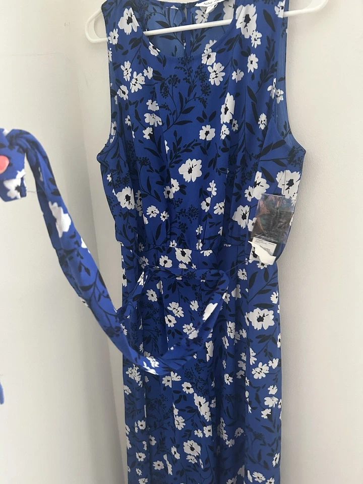Nuevo con etiquetas Mono corto Nine West para mujer 14 azul floral pierna ancha vacaciones tropicales Foto 4 de 4
