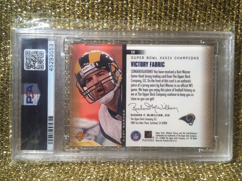 Camiseta deportiva usada Kurt Warner UD Victory Fabric St. Louis Rams Super Bowl PSA 9 Foto 2 de 2