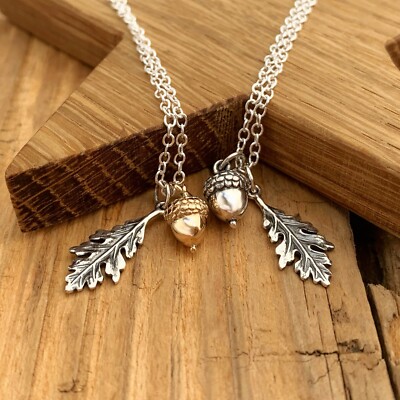 Acorn Oak Leaf Pendant Necklace Solid Sterling Silver Bronze Gold
