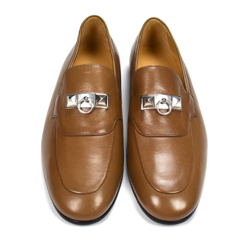 NEW $1250 Hermes Natural Safari Brown Leather Blaise Loafers Men's 42A AUTHENTIC - Picture 5 of 13