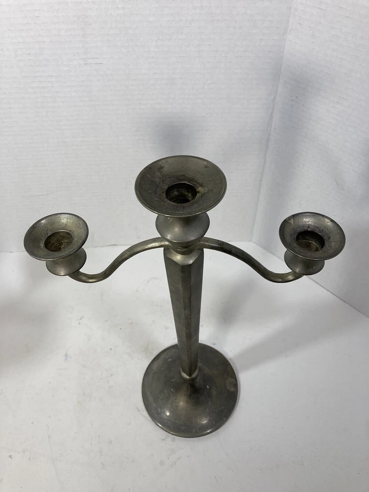 "Par de candelabros Pottery Barn (2) tres velas 14,5"" acabado de peltre candelabro" Foto 3 de 4