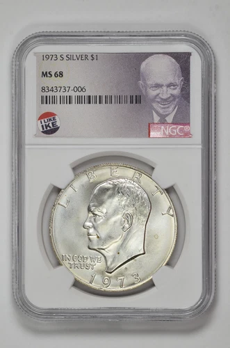 1973 S $1 Silver Eisenhower Dollar NGC MS 68 with Exclusive Label and New Holder
