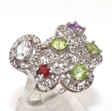 6.4gr of Sterling Silver  Multi Color Gemstone Peridot Cluster Ring Size 8 FZ