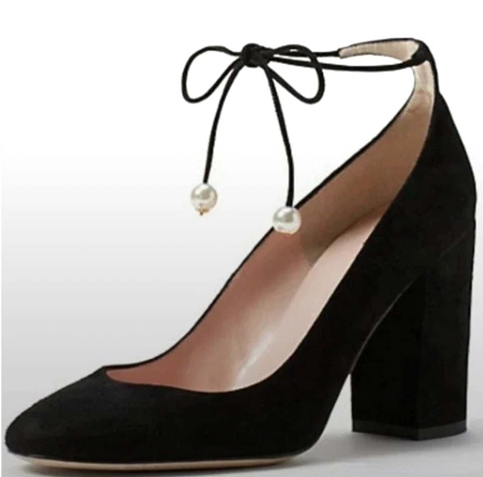 KATE SPADE NY Negro Gamuza Cuero GENA PEARL TIE PUMPS Zapatos Tacones Altos Talla 7 M Foto 2 de 4