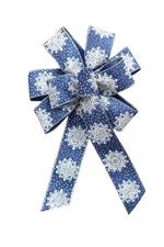 Large 10" Hand Made Wreath Bow - Wired Linen- White on Navy- Holiday Snow Flake