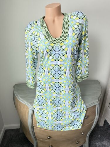 J. Mclaughlin Catalyst Dress L 3/4 Sleeve Blue Green Retro Floral Art Floral