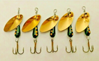 5 fishgrub Spinners, powder coat black body, gold powder coat candy gold blade