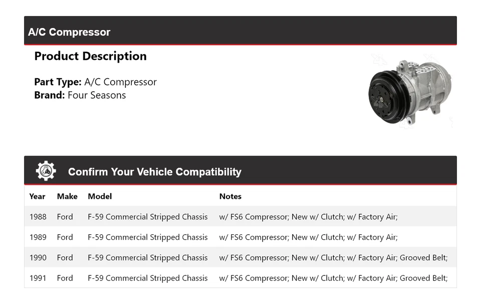 Compresor de aire acondicionado chasis despojado comercial Ford F-59 1988-1991 4 estaciones Foto 2 de 4
