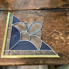 Stained Glass Mission Style Corner Window Panel Handcrafted Art Blue & Clear 11"