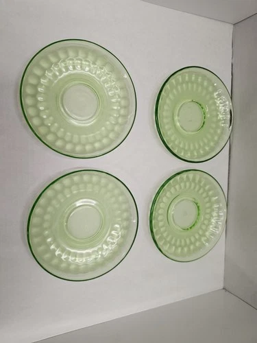 4 Vintage Green Federal Vaseline Depression Glass Thumbprint Saucer 6in