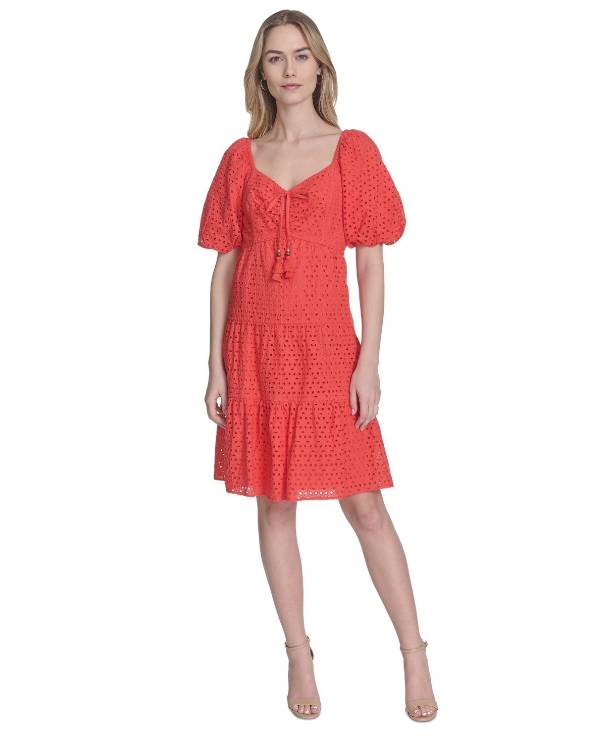 Vince Camuto ALL Cotton V-Neck Short-Puff-Sleeve Eyelet Dress Red Size 6 $168