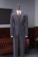 Men's Gray Plaid Tweed Check Vintage Retro Tuxedo Groom Prom Wedding Suit Blazer