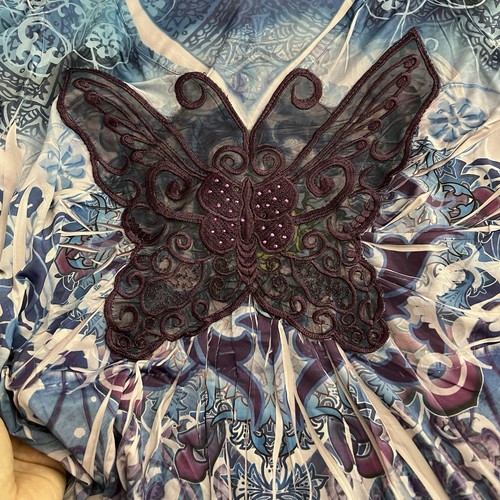 Y2K Babydoll bestickt Netz Schmetterling Top Whimsigoth Fee lila blau Medium - Bild 4 von 10