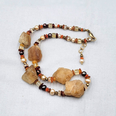 Artisan Raw Agate Stone Bead Necklace Multicolor Gold tone 16''-18''