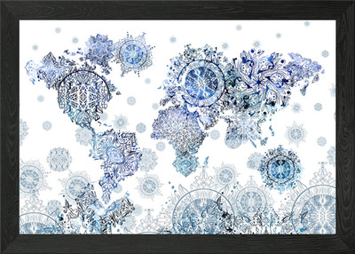 Weltkarte Mandala weiß blau gerahmtes Wandbild Poster Leinwanddruck Bild