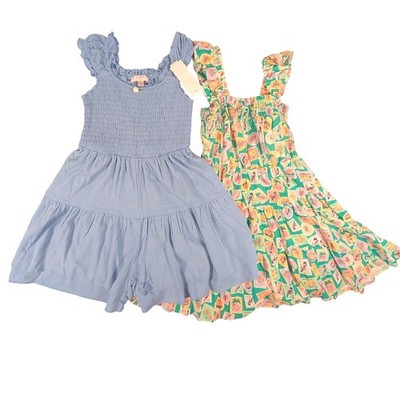 Moa Moa & Copper Key Girls Bundle Blue Smocked Romper & Green Stamp Dress Medium