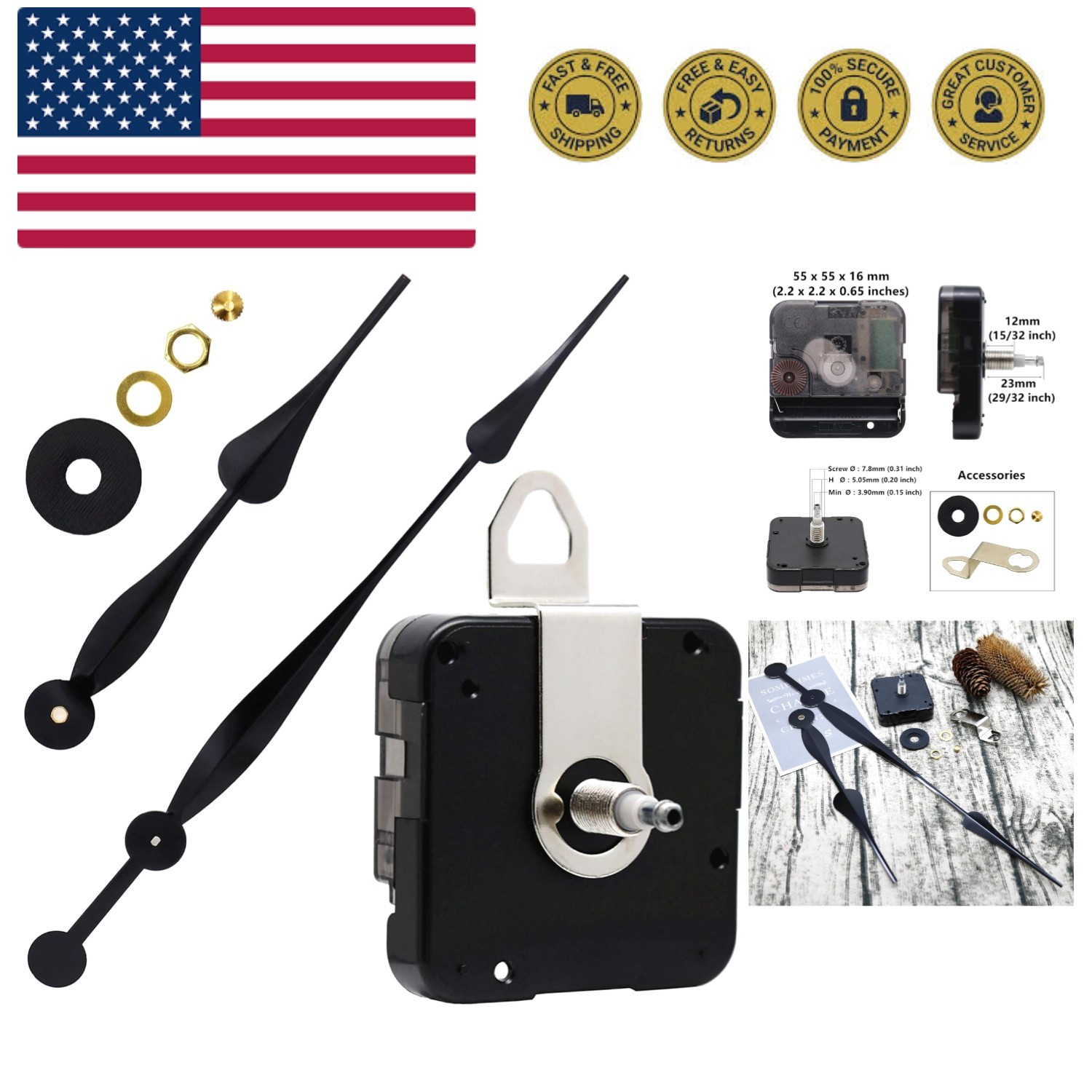 Complete Long Shaft Clock Movement Kit with Spade Hands – Perfect for Designers