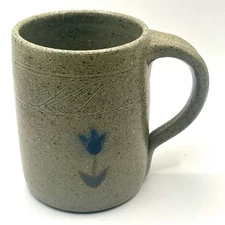 Vintage Jugtown  Ware Salt Glazed Pottery Mug with Blue Flower-Stamped Dated '77