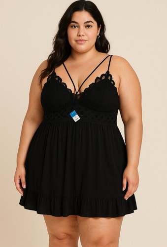 RuePlus Womens 2X Black Lace Bodice Mini Dress NWT Whimsigoth Ruffled Hem Beach - Picture 8 of 8