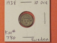 1938  10 Ore - Sweden  KM# 780 /  40% Silver  - Excellent example!