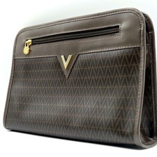 Valentino Logo Pattern Clutch Bag Leather PVC Brown Gold Hardware From JAPAN