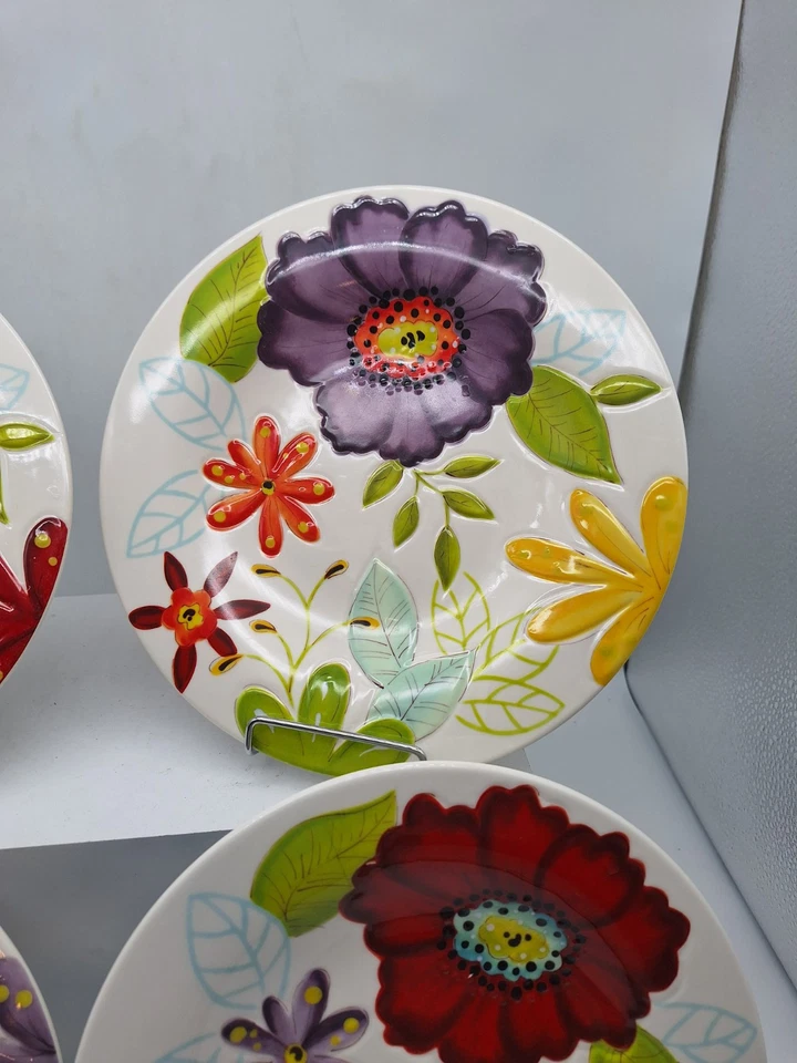 4 Salad Plates Flora Laurie Gates Melamine  9" Asstd Purple Red Orange Blue - Image 4 of 4