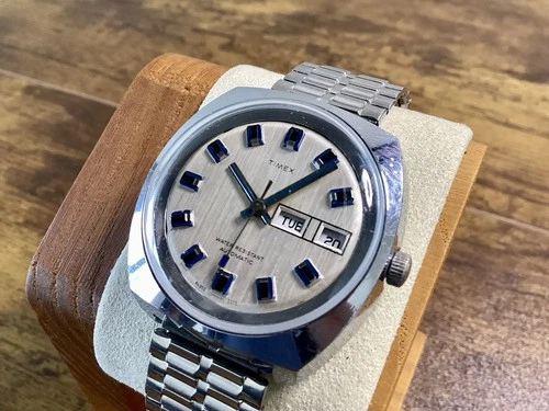 Vintage Timex Viscount Auto Day-Date | Blue Marker | Runs | For Repair / Parts