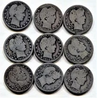 Barber Quarters, 9 coin lot, all different