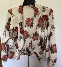 Chico s Floral Open Front Waterfall Blazer Jacket Women s White Rose Print Sz S