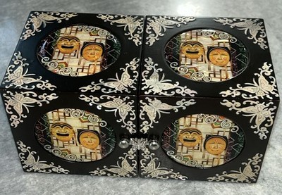 Jewelry Box Asian (Korean) With Inlay Mother Of Pearl And Traditional Masks