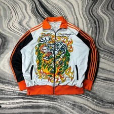 Vintage Ed Hardy 2000s Y2K Tiger Flame XXL White Orange Funnel Neck Track Jacket