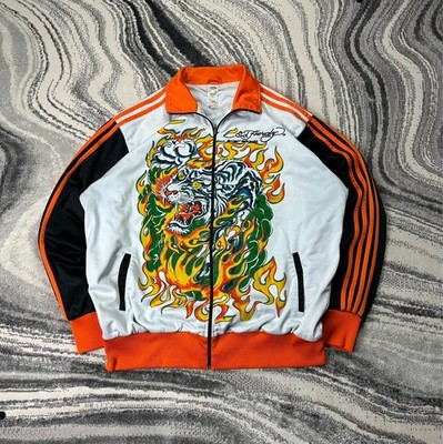 Vintage Ed Hardy 2000s Y2K Tiger Flame XXL White Orange Funnel Neck Track Jacket