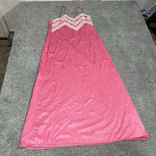 Vintage Shadowline Pink Nylon Nightgown Lace Trim Maxi Made in USA Large NWT