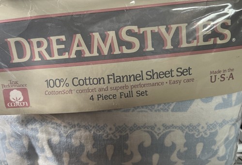 Vtg Rare Dream Styles 4-Piece Full Cotton Flannel Sheet Set New USA Jasmine Blue - Picture 2 of 8