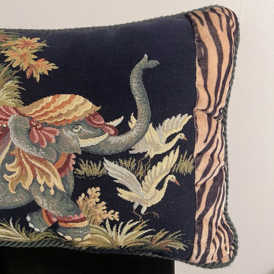Ashford Court Elephant Tiger Trim Accent Throw Pillow Tapestry India Navy Blue - Image 2 of 4