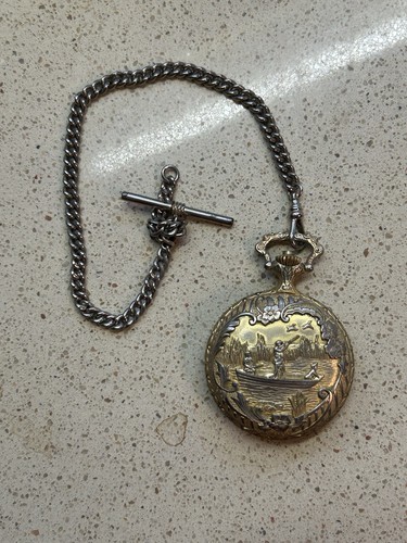 Vintage Gold Pocket Watch - Colibri Brand Duck Hunting Theme - Picture 4 of 5