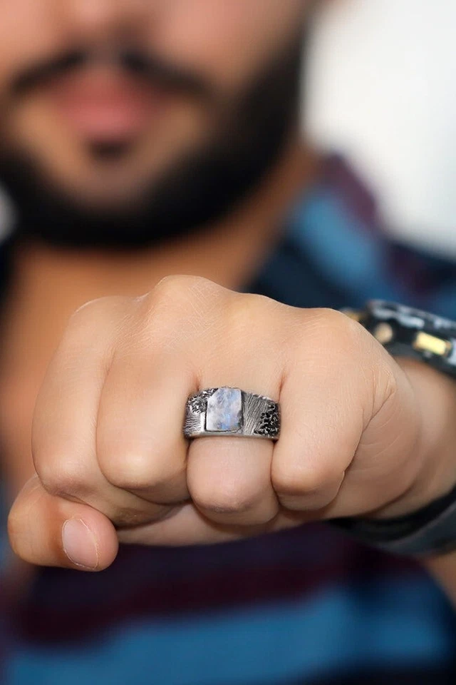 Anillo de piedra lunar arco iris para hombre anillo de plata de ley 925 anillo de sello anillo vintage Foto 2 de 4