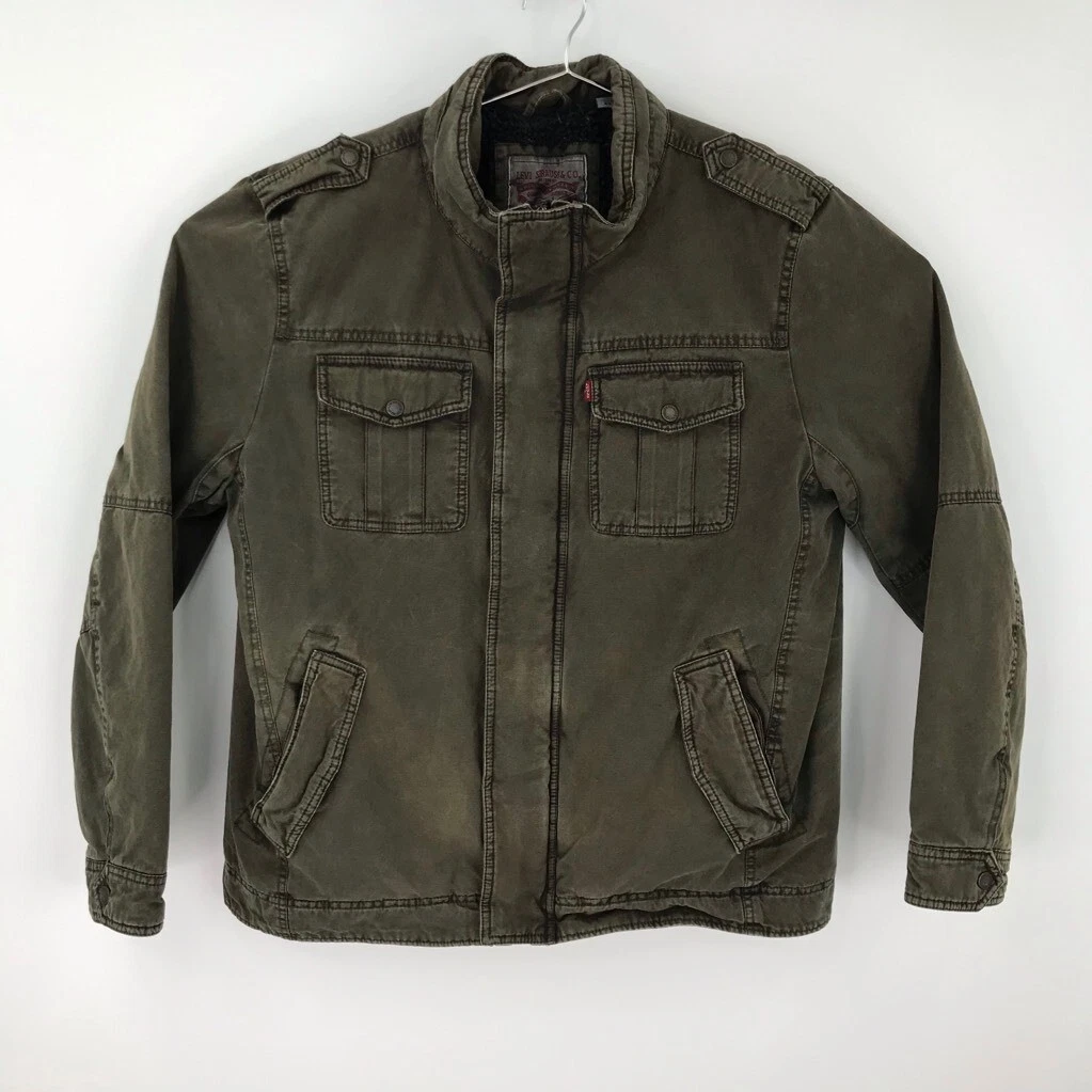 Levi s Mens Military Jacket Army Green Zipper Snap Pockets Fleece Lined XL