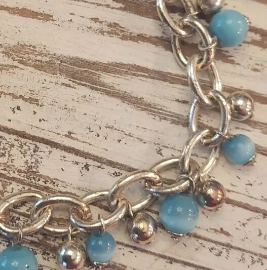 Handcrafted Blue Aqua Silver Tone Moonglow Glass Beaded Beads Dangle Bracelet Foto 3 de 4